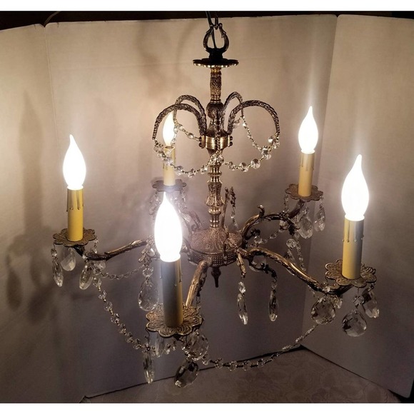 1950s Spanish Decorative Brass 5 Light Chandelier - Picture 8 of 10